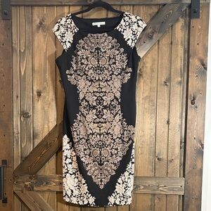 cleo Black Dress with Beige Floral Damask Print
